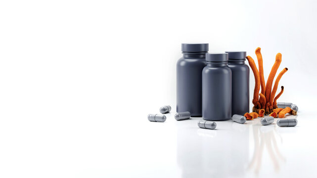 Cordyceps militaris mushroom capsules and black bottles on reflective surface