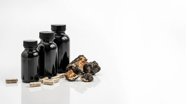 Chaga mushroom supplement bottles with capsules and raw chaga pieces