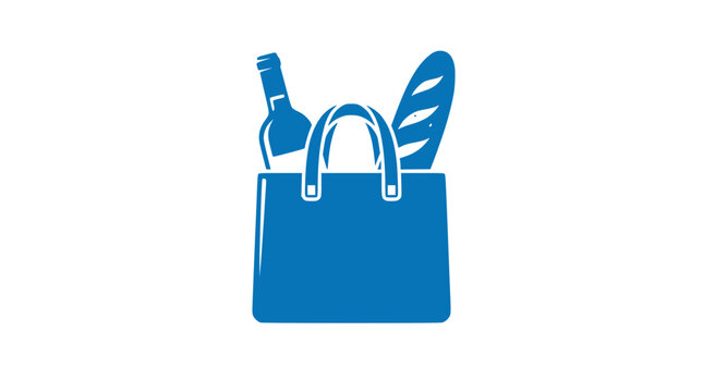 Blue Grocery Bag with Wine Bottle and Baguette Icon