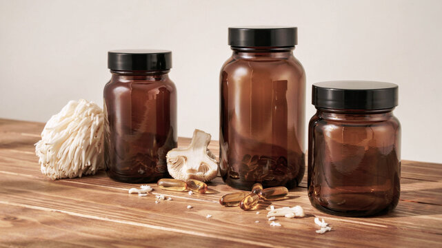 Lion's Mane mushroom supplement jars with capsules on wooden table