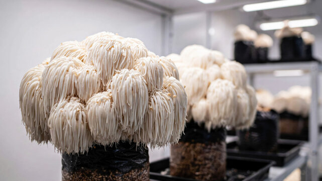Lion's Mane Mushroom clusters growing in cultivation environment with containers