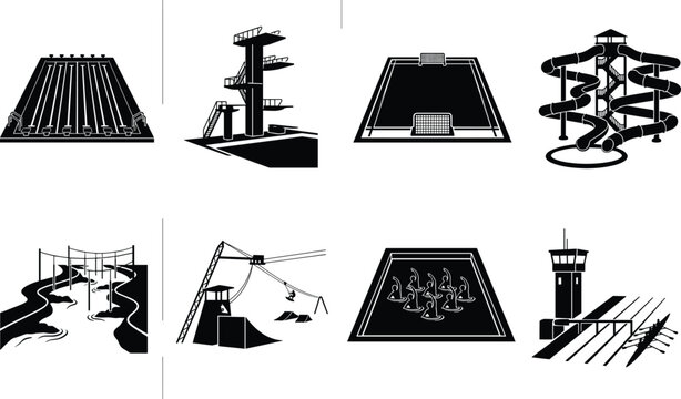 Water Sports and Aquatic Facilities Silhouettes Set Featuring Swimming Pool, Diving Board, Water Polo, Water Slide, Slalom, Wakeboarding, Synchronized Swimming, and Rowing