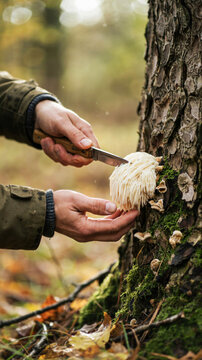 Harvesting Lion's Mane mushroom from tree trunk in forest setting