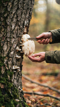 Lion's Mane mushroom harvest from tree trunk in forest setting