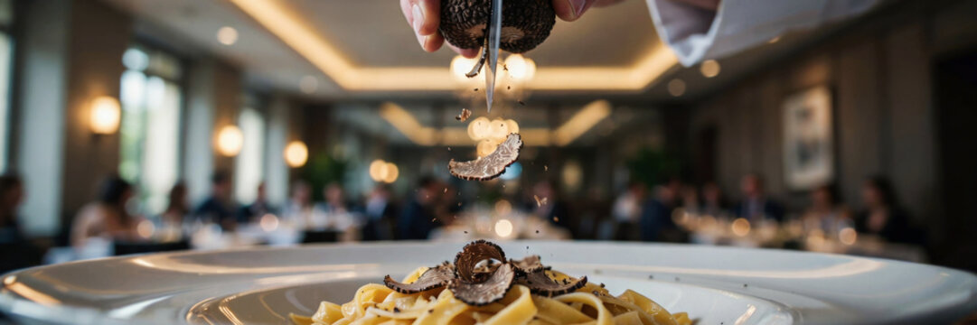Black truffle being grated over pasta dish in upscale restaurant setting