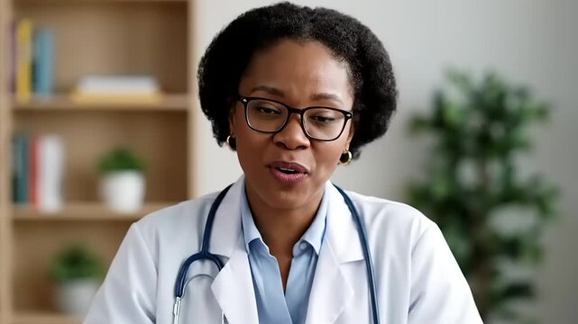 Physician wearing a white coat and stethoscope talks during a remote video consultation session.