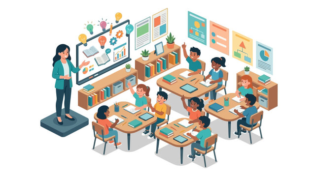 Teacher using interactive smartboard for digital learning in school