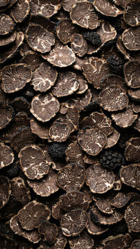 Close-up view of black truffles showcasing their unique textures and shapes on a dark surface