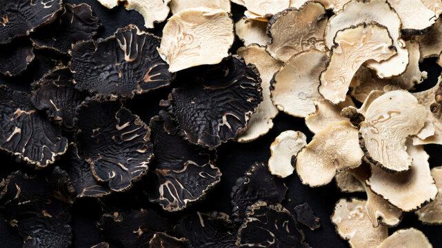 Black truffle slices on white background, top view for culinary presentation