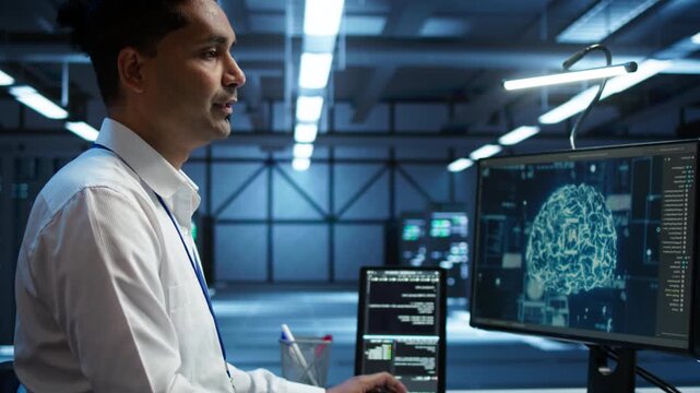 Engineering team checks AI assisted infrastructure systems in a server hub, bringing together network security, data protection and AI assisted analysis inside an enterprise support routine