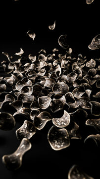 Black truffle pieces scattered on a dark background with reflections