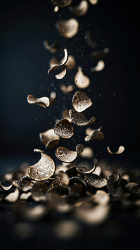 Black truffle slices levitating above a dark surface with scattered pieces below