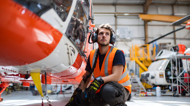 Aircraft mechanic performing maintenance on a rescue helicopter inside an aviation hangar, wearing hearing protection, gloves and reflective vest