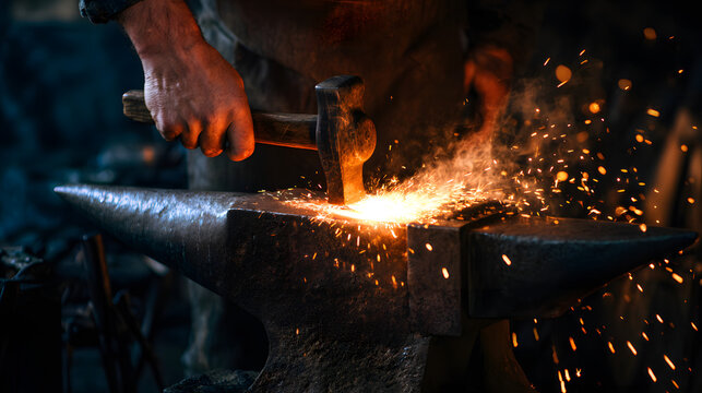 Blacksmith forging glowing hot steel on an anvil inside a traditional forge, dramatic sparks, realistic workshop