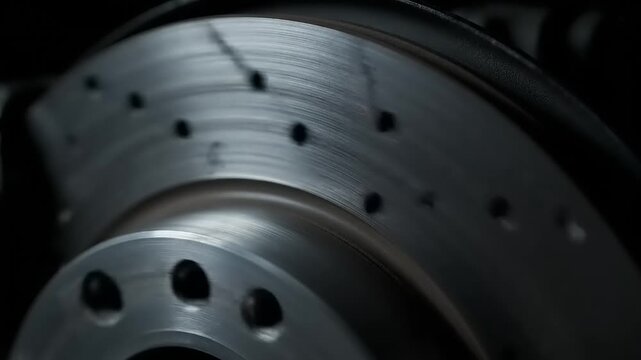 Brake disc shows metallic texture with cooling holes designed for high-performance automotive vehicles.