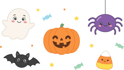 Fototapeta premium Cute Kawaii Halloween Character Collection with Ghost, Pumpkin, Spider, Bat, Candy Corn, and Sweet Spooky Cartoon Vector Clipart Set