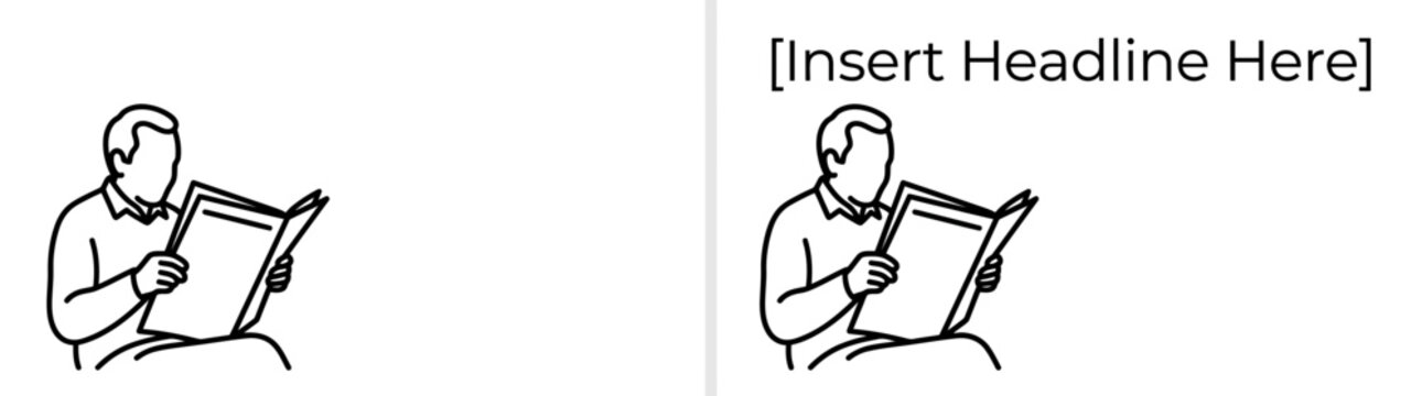 Line art illustration of a man sitting and reading a newspaper with a placeholder headline.