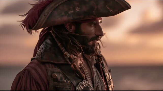 Europe medieval lifestyle. A closeup portrait of a man, likely a pirate, set against a serene sunset. He wears a tricorn hat, a red bandana, and a leather vest with intricate designs. His long.