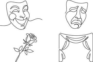 Obraz premium Minimal Continuous One Line Art Theater Elements Collection Featuring Comedy and Tragedy Masks, Rose Flower, and Stage Curtain Vector Illustration