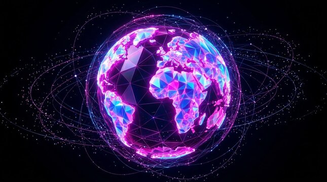 A futuristic digital globe made of glowing magenta and blue polygonal facets floats in space, surrounded by orbital rings and network lines, symbolizing global connectivity and advanced technology in
