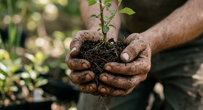 Dirty hands holding a green sapling with roots for planting