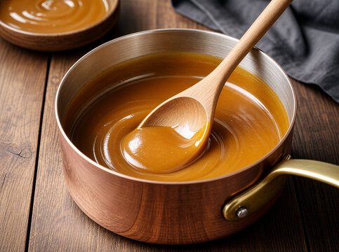 Rich homemade caramel sauce in a copper saucepan stirred with a wooden spoon on a rustic wooden table background