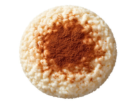 Creamy rice pudding topped with a generous dusting of ground cinnamon, isolated on a white background.