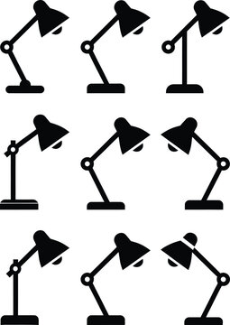 Collection of 9 adjustable desk lamp silhouettes featuring modern task lighting designs with articulated arms, angled lamp heads, and minimalist bases. Clean black vector icons isolated on a white bac