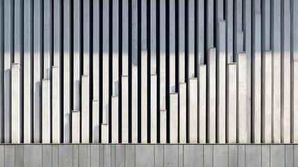 Fototapeta premium A geometric pattern is created with rows of vertical, rectangular elements of varying heights, casting shadows. It's a textured wall