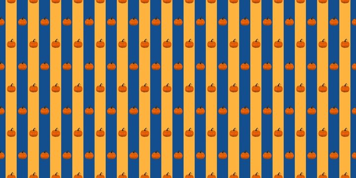 Vertical blue and yellow stripes with tiny orange pumpkins repeating along the bands. Playful colourful seamless background for Halloween party paper straws and festive banners.