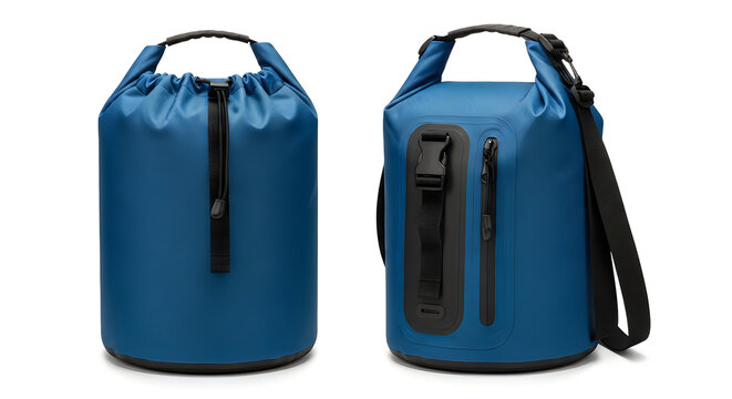 Blue waterproof drawstring backpack with side pocket and strap