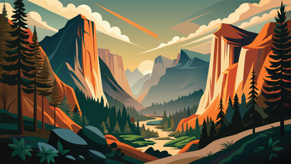 Fototapeta premium Stylized digital illustration of a scenic mountain valley landscape at sunset with landscape mountain illustration outdoors wilderness stylized creative background adventure panoramic