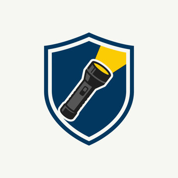 Flashlight on a shield logo symbol.