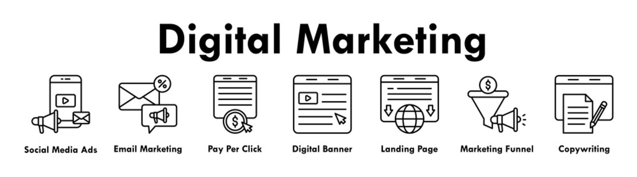 Digital Marketing banner web icon illustration concept with icon of social media ads, email marketing, pay per click, digital banner, landing page, marketing funnel, copywriting