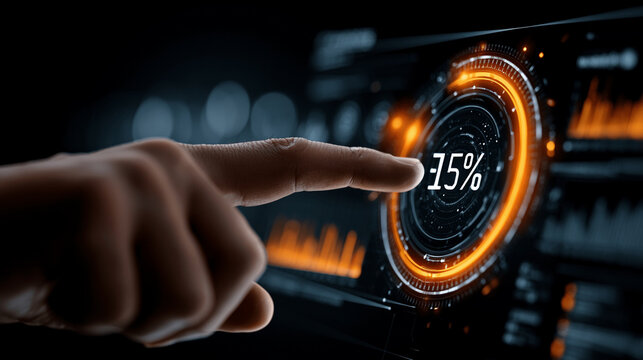 Finger touches a glowing orange ring icon on a dark digital display showing a thirty-five percent progress indicator.