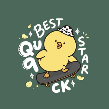 Yellow chick on a skateboard wearing hat.