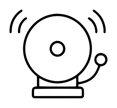 A simple black outline vector icon of a ringing alarm bell on a stand with sound waves, representing notification, warning, or emergency, hand-drawn minimalist illustration style.
