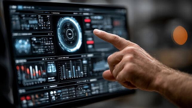 Engineer selects a circular command on a digital touch screen monitor displaying complex metrics.