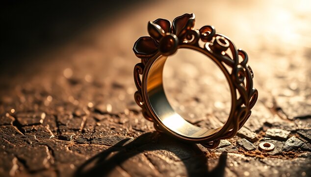 Close up of ornate floral ring with dramatic lighting on textured surface