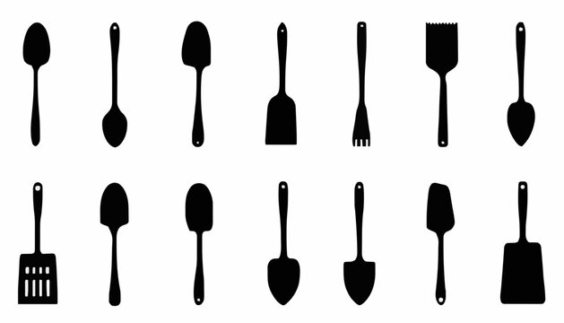 Set of Black Silhouette Cake Server and Pie Spatula Icons Isolated on White Background