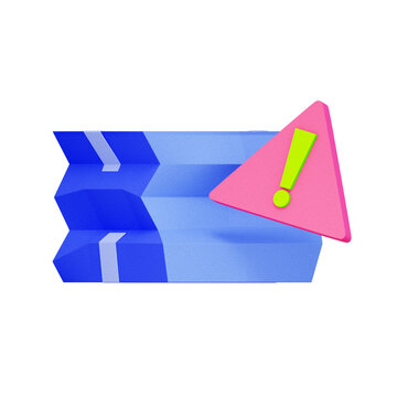 3D illustration of folded cardboard box with warning triangle for shipping delay, packaging issue, delivery alert, logistics problem, fragile handling, and material shortage.