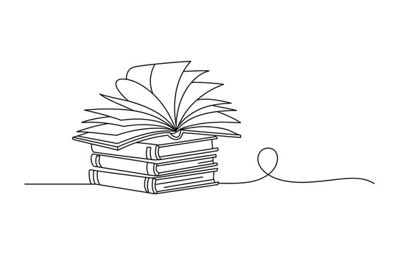 Continuous single line drawing of a stack of books with an open book on top