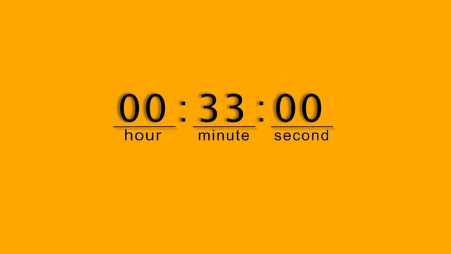 Digital clock countdown showing thirty three minutes and zero seconds on orange background.