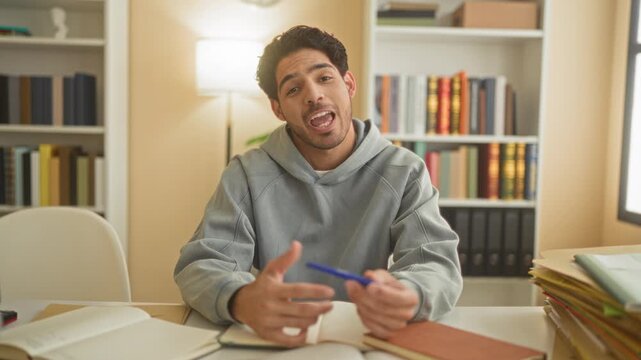 Man holding a pen and open notebook, gesturing with hands at a desk in a building study area; focused learning.