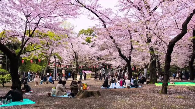 Crowd enjoying cherry blossom hanami festival in a public park