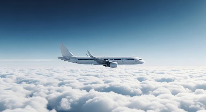 Passenger jet flying above clouds in blue sky