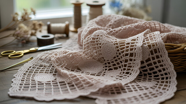 Handmade lace doily crafting in progress. Intricate white crochet textile creation with needles and thread on wooden table.