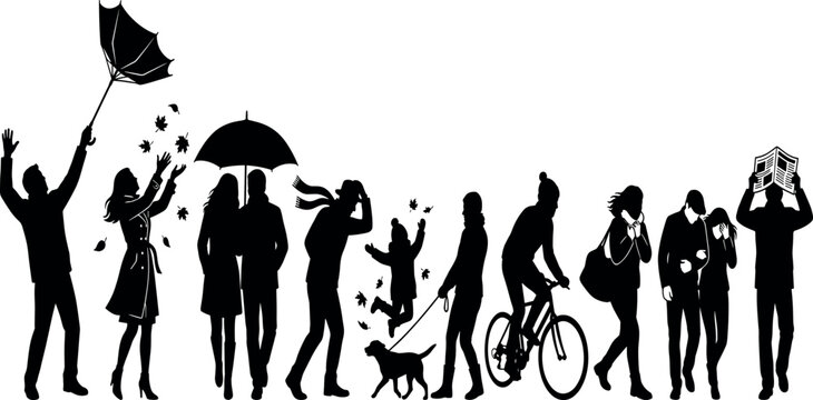 Autumn windy weather silhouette set with people walking under umbrella flying leaves and bicycle rider in cold season storm