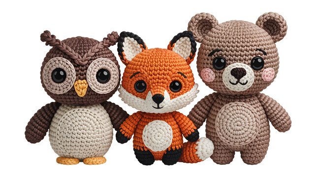 Handmade crochet stuffed animals set of three woodland creatures. Adorable knitted plush toys owl, fox, and bear for nursery decor.