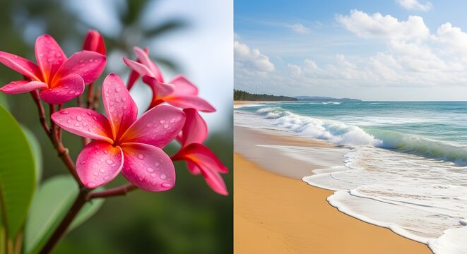 Pink plumeria flowers and tropical beach landscape